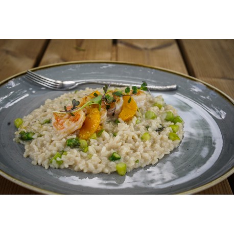 Zöldspárgás risotto narancsos grillezett rákkal